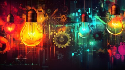 Colorful light bulbs, creative process, dark background, technical elements