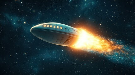 Obraz premium Spaceship launching, fiery trail, cosmic background, science fiction