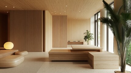 Modern Minimalist Wooden Reception Area Design Light Wood Interior Tranquil Office Space