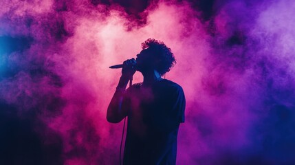 Silhouetted singer performing on stage, bathed in pink and purple smoke. Perfect for music, concert, or performance themes.