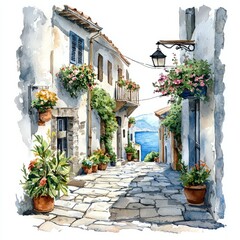 Watercolor painting of a narrow street in a coastal village with flowers hanging from windows, on isolated white background