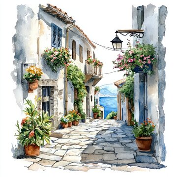Fototapeta Watercolor painting of a narrow street in a coastal village with flowers hanging from windows, on isolated white background