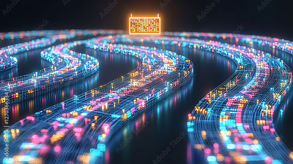 Poster abstract digital data streams flowing in curving paths, converging towards a glowing information dis