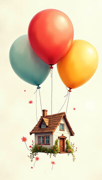 A small cozy house floating in the sky, lifted by giant colorful balloons. A whimsical and dreamy representation of aspirations, achieving goals, and a carefree spirit.