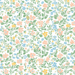 Floral pattern with pastel flowers and green leaves