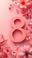 8 March, International Women's Day, figure eight and flowers on a pink background, top view, created with Generative AI technology