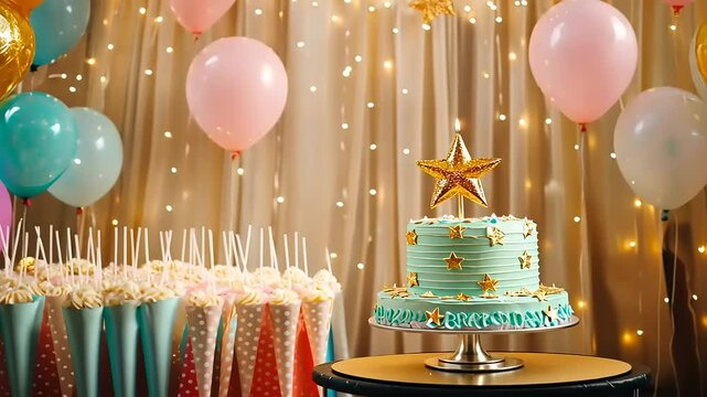 A festive birthday setup featuring a cake, balloons, and decorations.