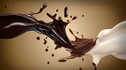 Mixing dark, milk and white chocolate on beige background, close up, created with Generative AI technology