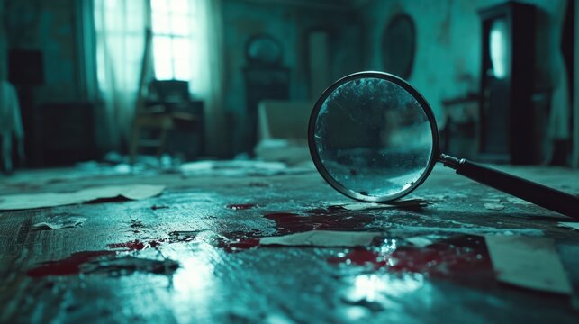 Crime scene investigation Magnifying glass on bloody table, old room