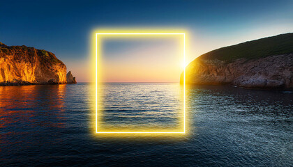 Seascape with towering cliffs, calm water, and a glowing yellow neon square geometric shape, blending natural beauty with modern abstract design, sunset over the sea