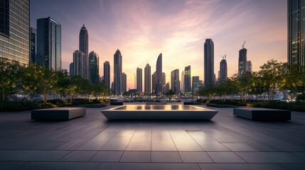 A sleek urban plaza with a skyline at sunset. Featuring warmth and sophistication