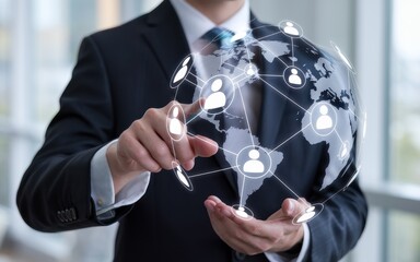 Businessman manipulating global social network connecting people around the world