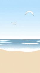 Naklejka premium Serene beach with seagulls flying over ocean
