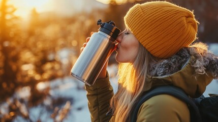 Fototapeta premium Woman Drinking Water from Stainless Steel Bottle Outdoors at Sunset Winter Hiking