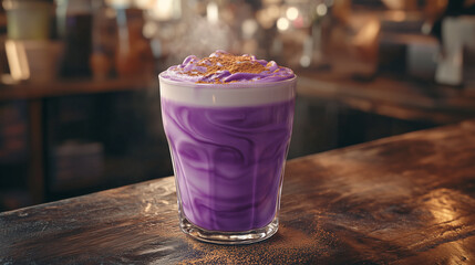 Delicious ube latte with rich purple hues and velvety milk, dusted with cinnamon, served in a warm café setting. A perfect fusion of flavor and aesthetics. Image made using Generative AI.