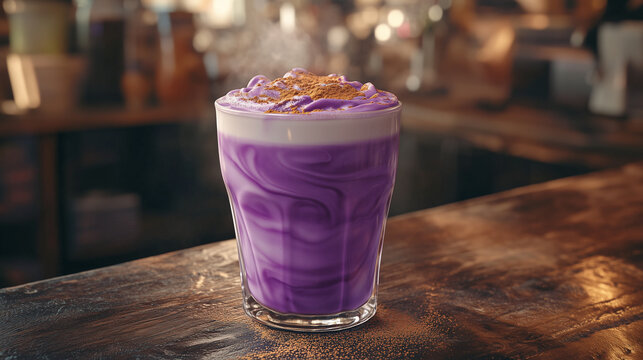 Delicious ube latte with rich purple hues and velvety milk, dusted with cinnamon, served in a warm caf&eacute; setting. A perfect fusion of flavor and aesthetics. Image made using Generative AI.