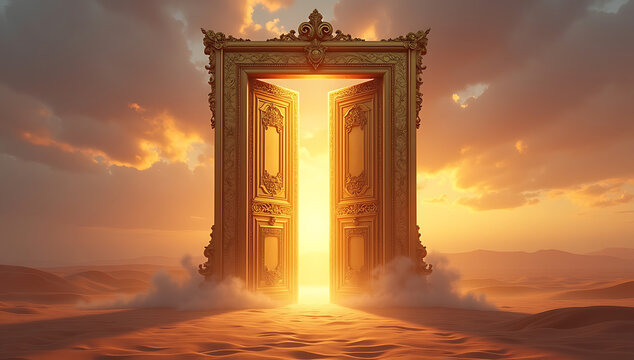 A single golden door stands upright in the middle of a vast desert, slightly ajar with light spilling out. A powerful metaphor for opportunity, decisions, and stepping into the unknown.