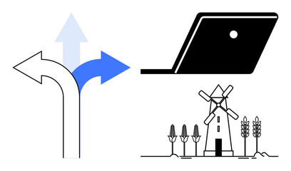 Three arrows in different directions, a laptop, and a windmill with crops. Ideal for direction, decisions, technology, sustainability, agriculture renewable energy and future planning. Abstract