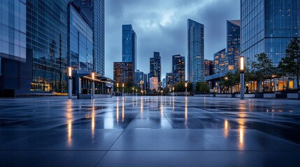 Fototapeta premium A sleek urban plaza with a skyline illuminated by streetlights at dusk. Featuring peace and quiet