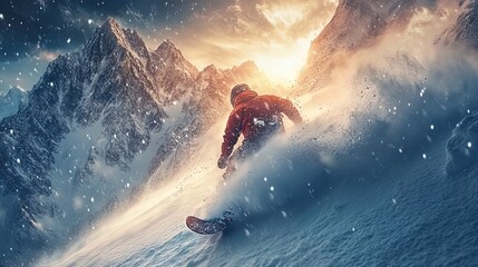 Dynamic image of a snowboarder carving through fresh powder in the mountains