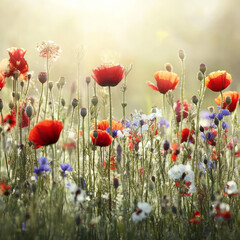 Obraz premium Wildflowers in sunlit meadow create serene scene
