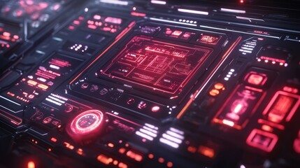 Fototapeta premium Futuristic HUD interface glowing red, digital data streams, technology background, user interface design