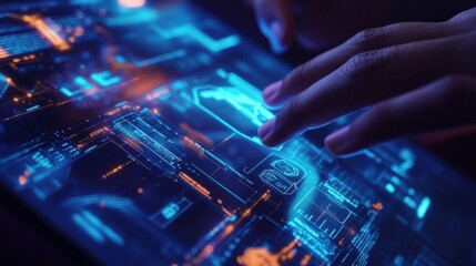 Fototapeta premium Futuristic Digital Interface: Close-up of Hands Interacting with Glowing Blue and Orange Tablet Screen
