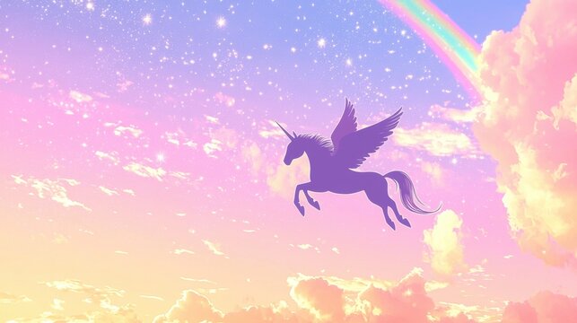 A cute candy-colored wallpaper featuring a winged unicorn silhouette soaring in a dreamy starry sky with a radiant rainbow. - Powered by Adobe