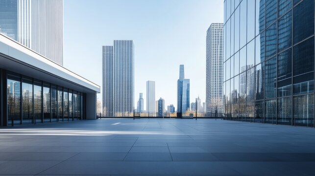 A sleek urban plaza with a skyline under clear skies. Featuring openness and clarity