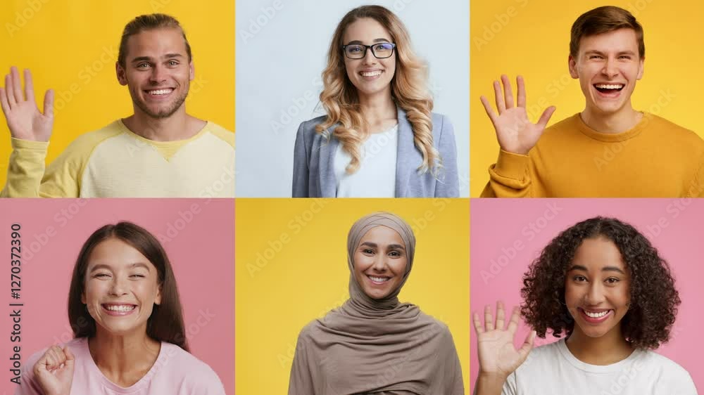 Poster A collage showcases a diverse group of individuals smiling and waving hello. Their joyful gestures and expressions create a warm and inviting atmosphere filled with positive emotions.
