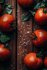 fresh organic tomatoes on wooden surface.
