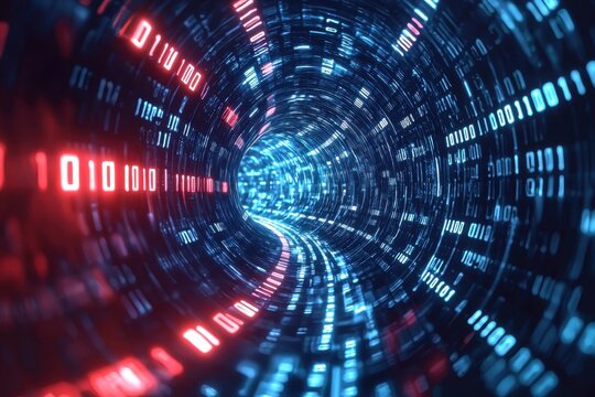 A futuristic digital tunnel filled with binary code, showcasing a mesmerizing blend of blue and red lights. Perfect for illustrating tech advancements.