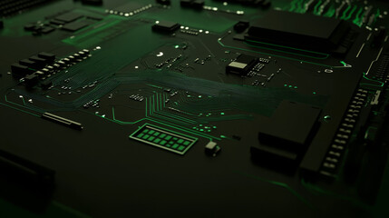 Fototapeta premium Close up of green circuit board with glowing lines