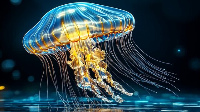 A glowing jellyfish gracefully swims through the deep ocean.