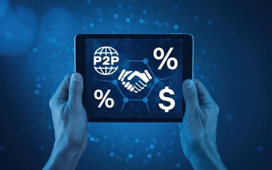 Hands holding a tablet displaying peer to peer financial concept