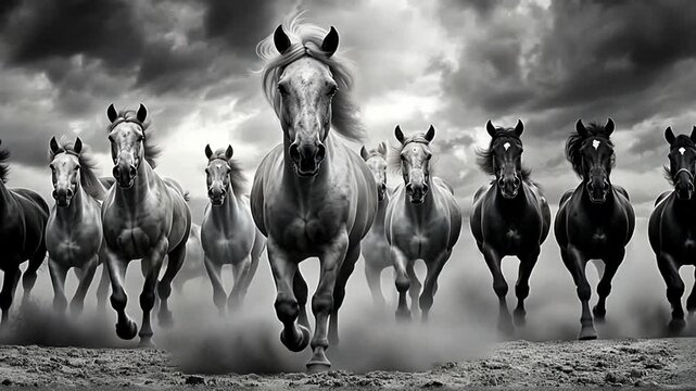 A powerful herd of galloping horses in dramatic black and white.
