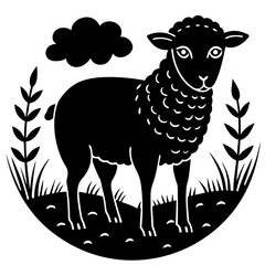 A sheep in a meadow silhouette vector illustration