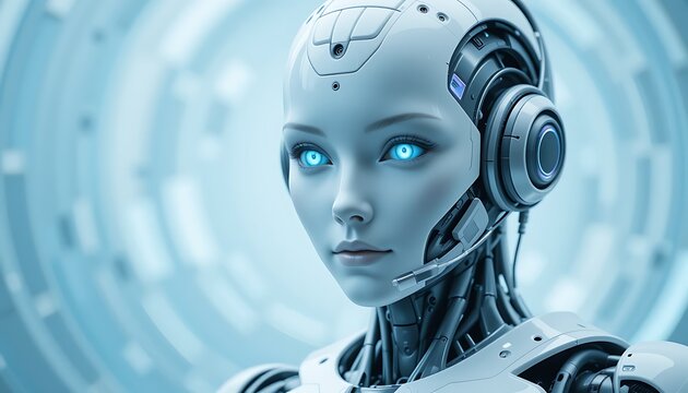 Close-up portrait of a highly realistic female android robot with glowing blue eyes and a headset, futuristic technology concept