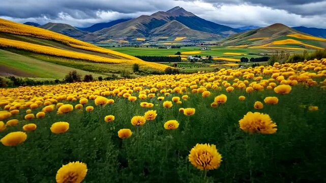 Vibrant yellow flower field with mountains in a scenic landscape.