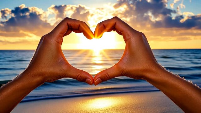 Heart-shaped hands framing a vibrant sunset at the beach.