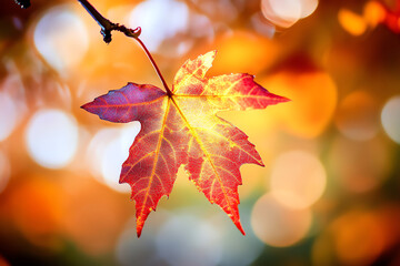 Fototapeta premium A vibrant red maple leaf glowing in autumn sunlight.