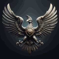 The image features an ornate metallic eagle with outstretched wings, intricate engravings, and a central shield emblem, symbolizing power, authority, and heritage.
