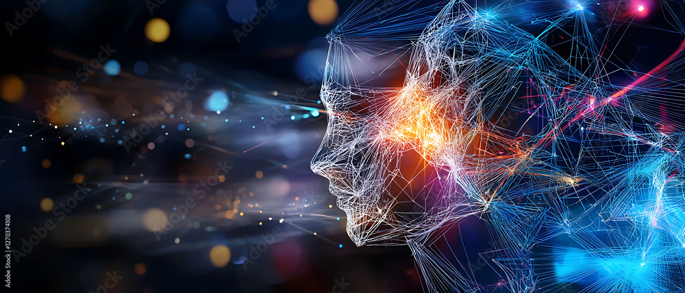 Poster exploring artificial intelligence concepts digital realm visual art futuristic environment side view