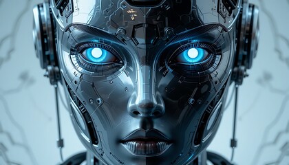Close-up of a Futuristic Female Robot's Face with Glowing Blue Eyes and Intricate Mechanical Details