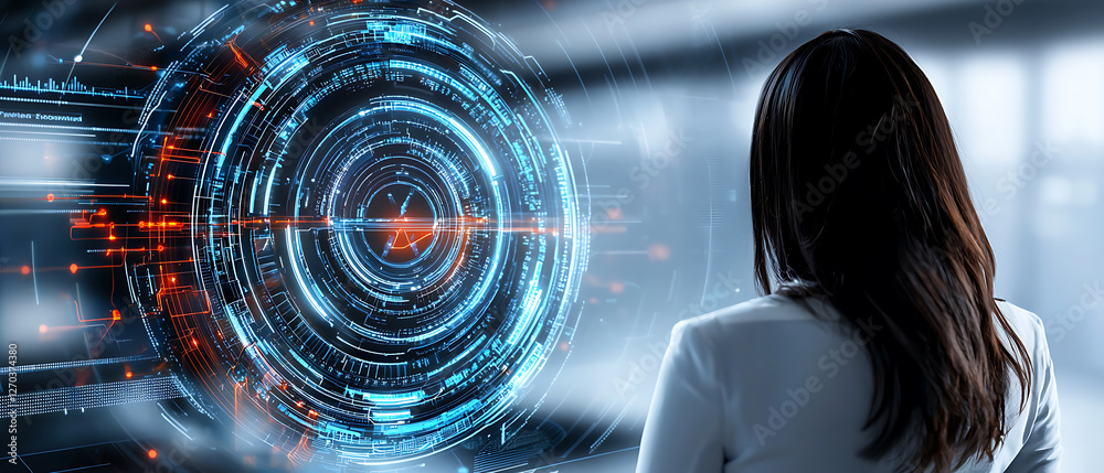Poster exploring futuristic technology concepts digital interface virtual space innovation hub user perspec