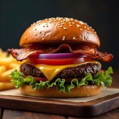 Juicy Beef Burger with Melted Cheese and Bacon