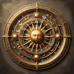 Fototapeta premium The image features an ornate golden astrological clock with a radiant sun face at its center, surrounded by celestial symbols, intricate engravings, and planetary orbits in a circular frame.