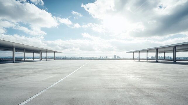 A spacious automotive plaza with a distant skyline under bright skies. Featuring modern design and symmetry