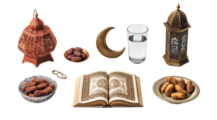 PNG, Ramadan, a set of attributes for Muslim fasting, isolated on a white background, created with Generative AI technology