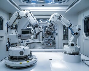 Fototapeta premium Satellite assembly in a cutting-edge space lab. Featuring robotic arms and satellite technology